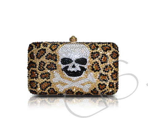 Leopard Crossbones Crystal Clutch Bag - 14cm