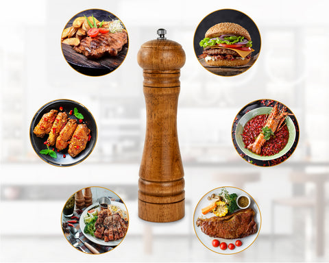 Wood Pepper Grinder, 8 Inch Pepper Mill with an Adjustable Ceramic Rotor, Easily Refillable Wood Salt Mill for Your Kitchen