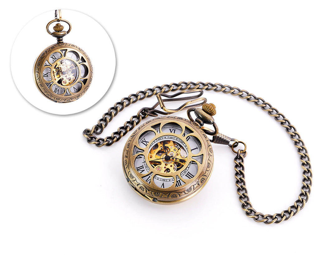Classic Hand Wind Mechanical Pocket Watch with Chain - Copper