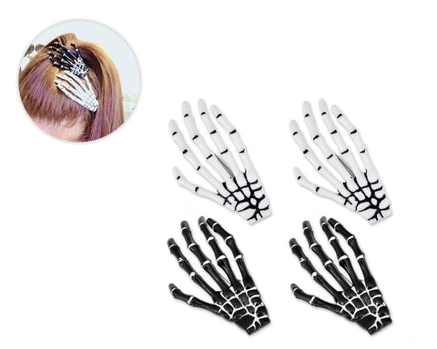2 Pairs Gothic Skeleton Hands Bone Hair Clips - Black and White