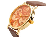 World Map Leather Band Quartz Women's Wrist Watch - Brown