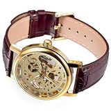 Winner Skeleton Brown Leather Hand Winding Mechanical Watch D160-Gold
