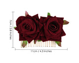 Rose Flower Hair Comb 2 Pieces Bridal Headpiece for Wedding - Wine Red