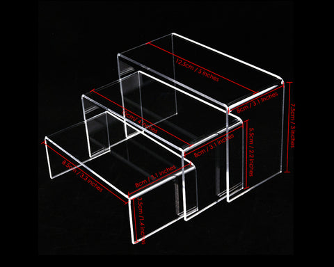 U-Shaped Acrylic Risers 3, 4 and 5 Inches Wide Set of 6 Clear Risers for Display