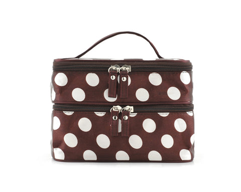 Double Layer Dots Pattern Makeup Bag with Mirror - Brown