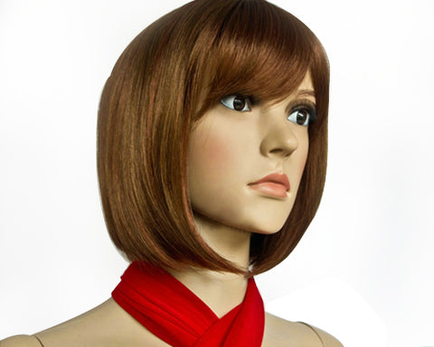 Heat Resistant Short Straight Hair Wig with Side Swept Bangs - Brown