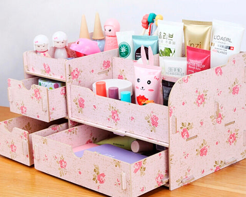 Decorative DIY Wooden Desk Cosmetic Storage Box - Camellia