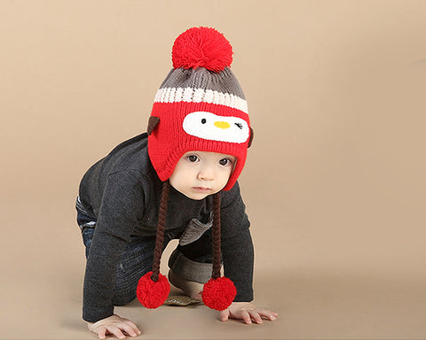 Penguin Warm Woolen Baby Hat with Earflap for 1-3 Years Old - Red