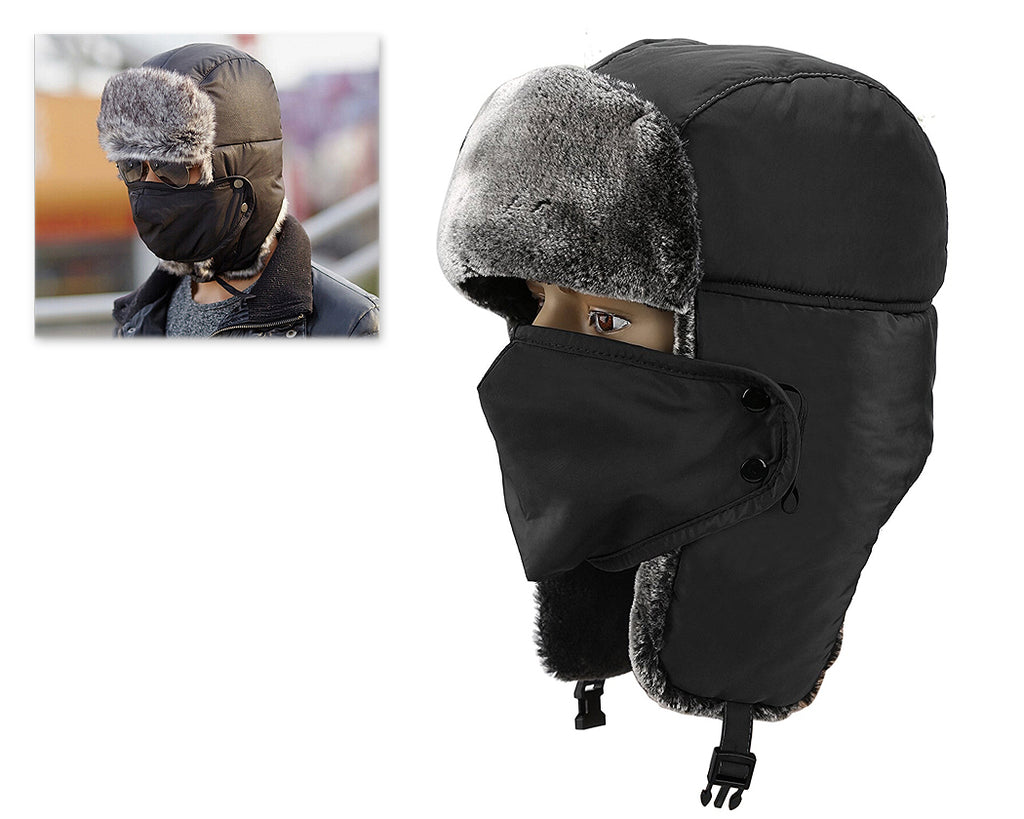 Winter Trapper Hat with Ear Flaps and Mask - Black