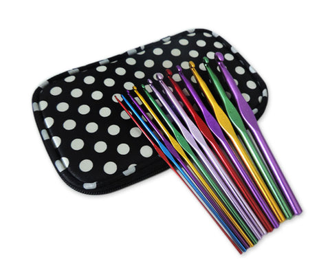 12 Pcs Assorted Colors Crochet Hook Set with Dot Pattern Case - Black