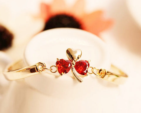 Lucky Three-leaf Clover Red Crystal Bangle