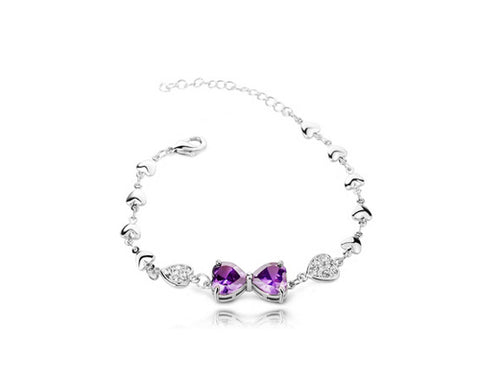 Adorned Bowknot Silver Purple Crystal Bracelet