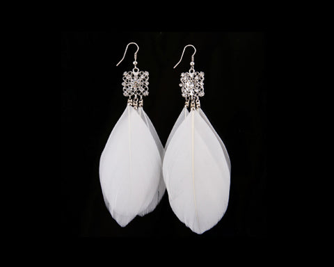 Bohemian Feather White Crystal Earrings