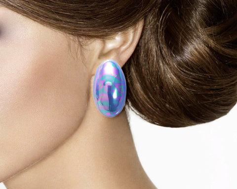 Vintage Oval Blue Tone Clip On Earrings for Girls