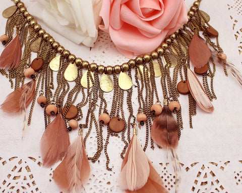 Bohemian Feather Copper Bead Necklace