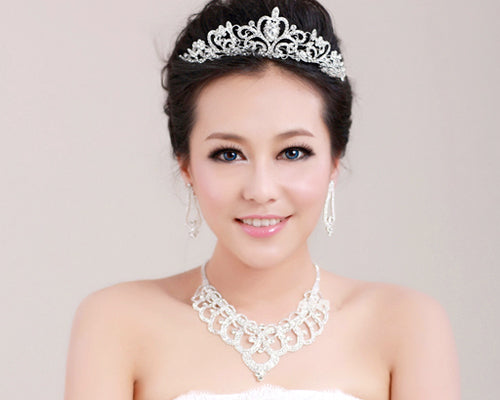 Noble Rhinestone Wedding Necklace and Crown and Earrings Jewelry Set