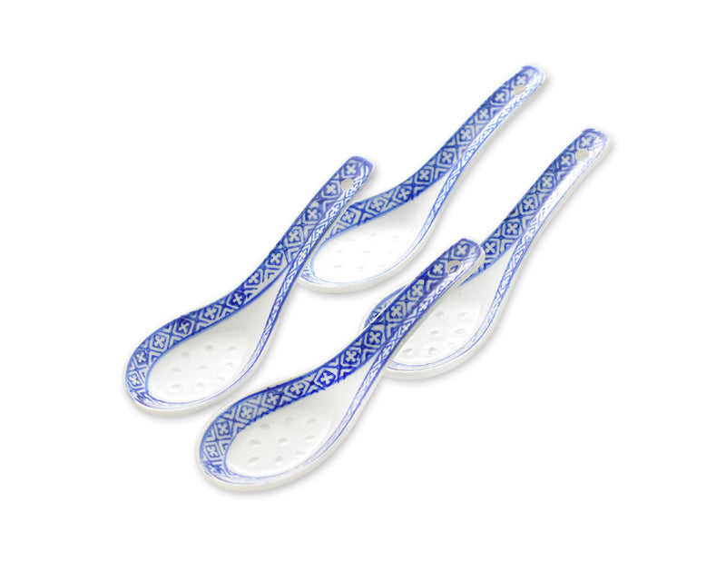 4 Pcs Chinese Style White Porcelain Blue Patterned Spoons