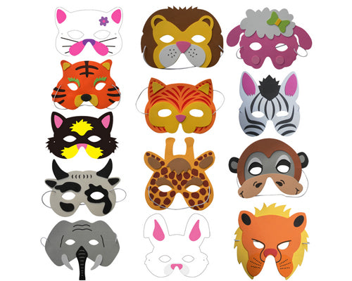 12 Assorted Foam Animal Masks for Dress-Up Costume