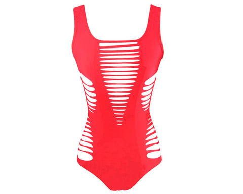 Hollow Out Strappy Monokini Swimwear - Red