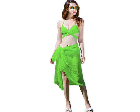 Solid Color Bandage Halter Bikini Set with Cover Up Sarong - Green