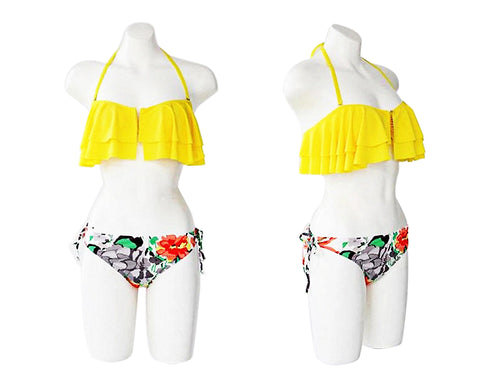 Yellow Ruffle Halter Bikini with Floral Bottom Set