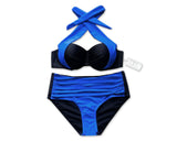 Double Colored High Waist Halter Bikini Set - Blue