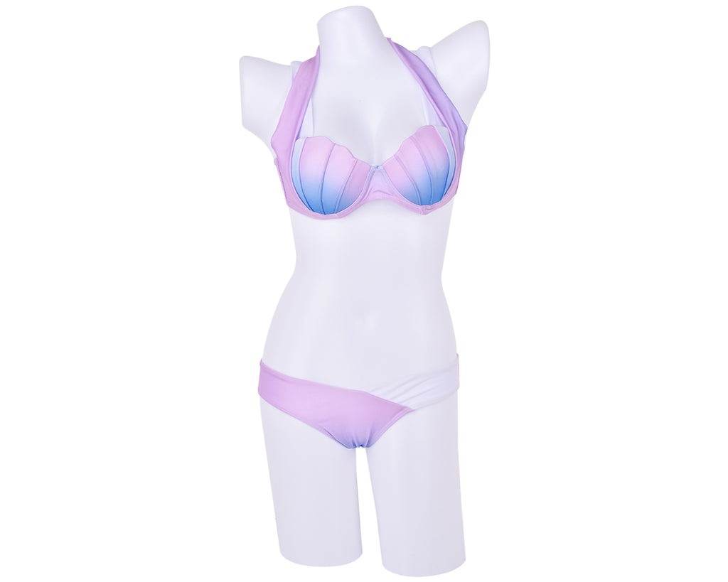 Purple Color Shell Design Bra Halter Bikini Set - A