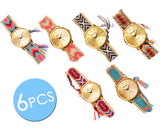 6 Pcs Women Ethnic Knitted Weaved Bracelet Quartz Dial Wrist Watch Set