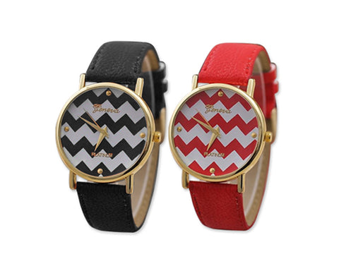 2Pcs Geneva Women Ladies Chevron Style Leather Wrist Watch