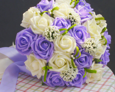 24 Pcs Bridal Wedding Flowers Bouquet - White Purple