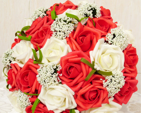 24 Pcs Bridal Wedding Flowers Bouquet - White Red