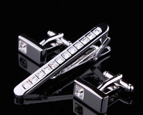 Crystal Tie Clip and Rectangle Cufflinks for Men Set - Classic White